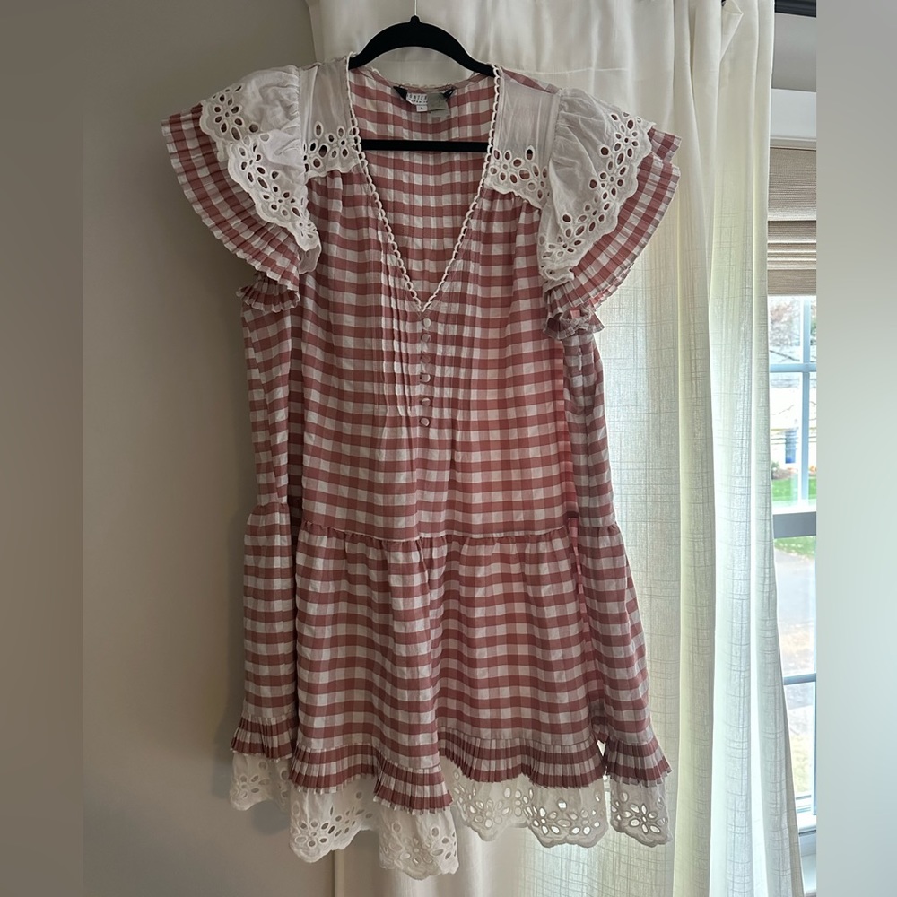 Hunter Bell Gingham Pleated Dress w Eyelet Trim